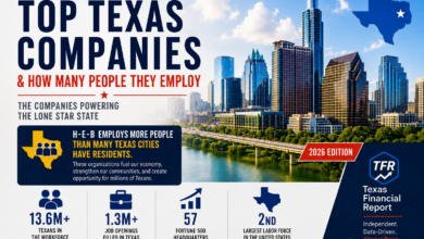 Top Texas Companies & How Many People They Employ featured image highlighting Texas' largest employers, workforce statistics, and key employment facts for 2026.