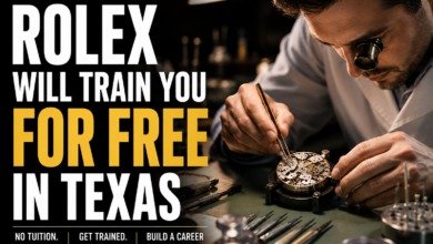 Watchmaker repairing a luxury mechanical watch in Dallas, Texas, representing Rolex's tuition-free watchmaking training program.