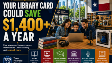 Featured illustration showing how a Texas library card can provide free streaming, online learning, museum passes, makerspaces, and other money-saving benefits for Texas families.